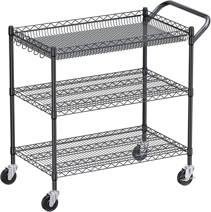 1350Lbs Capacity Heavy Duty Rolling Utility Cart, NSF Rolling Carts with Wheels,Commercial Grade Metal Cart with Handle Bar & Shelf Liner,Trolley Serving Cart for Restaurant,Kitchen,Black