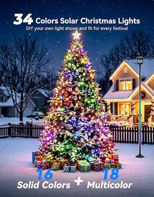 LitHome 34 Colors Solar String Lights Outdoor with Remote, 33FT 100 LED Solar & USB Powered Christmas String Lights, Waterproof Color Changing Light for Garden Patio Yard Tree Fence Decor
