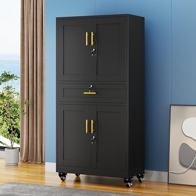 GAIOUS 71” Tall Metal Garage Storage Cabinet with Wheels and Drawer, Steel File Cabinet for Home Office, Tool Cabinet with 4 Locking Doors and 3 Adjustable Shelves, Rolling Cabinet for Garage - Black