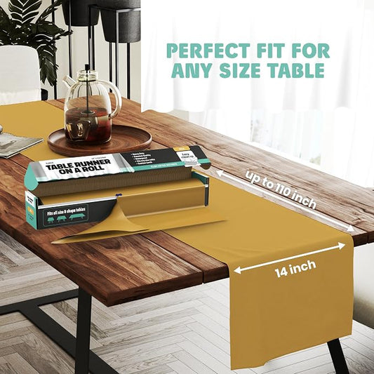 Gold Table Runner – 14" X 110' Premium Plastic Longtable Runners with Cutter Box - Cut to Size - Decorative Rectangle Table Runners - Smooth Table Cloth - Disposable Table Cloths. Parties, Weddings.