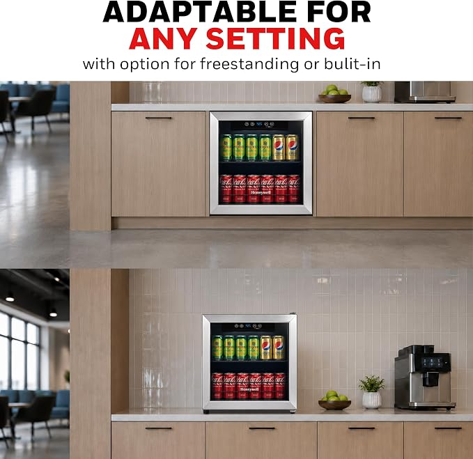 Honeywell Beverage Refrigerator and Cooler, 48 Can Mini Fridge with Glass Door for Soda Beer or Wine for Office or Bar with Adjustable Removable Shelving