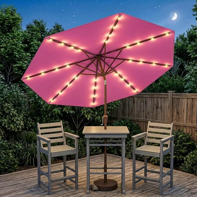 10FT Solar Lighted Patio Umbrella, Outdoor Table Market Umbrellas with Push Button Tilt and Crank, 32 LED Lights, 8 Sturdy Ribs, UV-Resistant for Deck, Garden, Pool