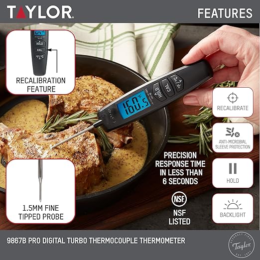 Taylor Digital Turbo Instant Read Thermocouple Meat Food Grill BBQ Cooking Kitchen Thermometer, Folding Probe, Black (Pack of 12)