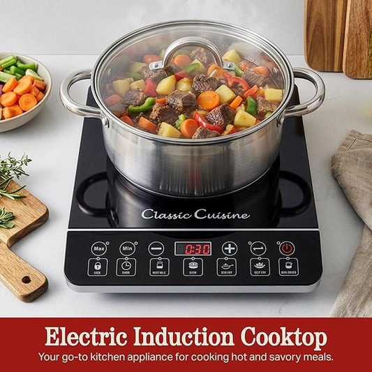 Induction Cooktop - Multifunctional 1800W Electric Stove Top - Hot Plate with Built-In Safety Tools and 10 Power Settings by Classic Cuisine (Black)