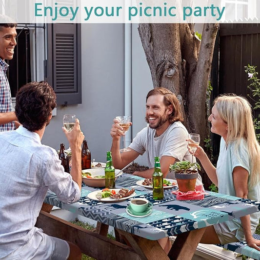 Picnic Table Cover with Bench Covers, Camping Essentials, Rustic Cabin Deer Bear Stripes Waterproof Windproof Patio Table Cover, Fitted Tablecloth Cover with Elastic Edge for Outdoor 3 PCS 30x96 Inch
