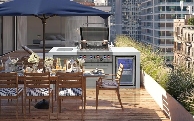 Mont Alpi MAi400-DFC-NG 4-Burner 78000 BTU Deluxe Stainless Steel Modular Outdoor Kitchen Island Grill with MANGK Natural Gas Conversion Kit + Fridge Cabinet, Granite Countertops & 2 Infrared Burners