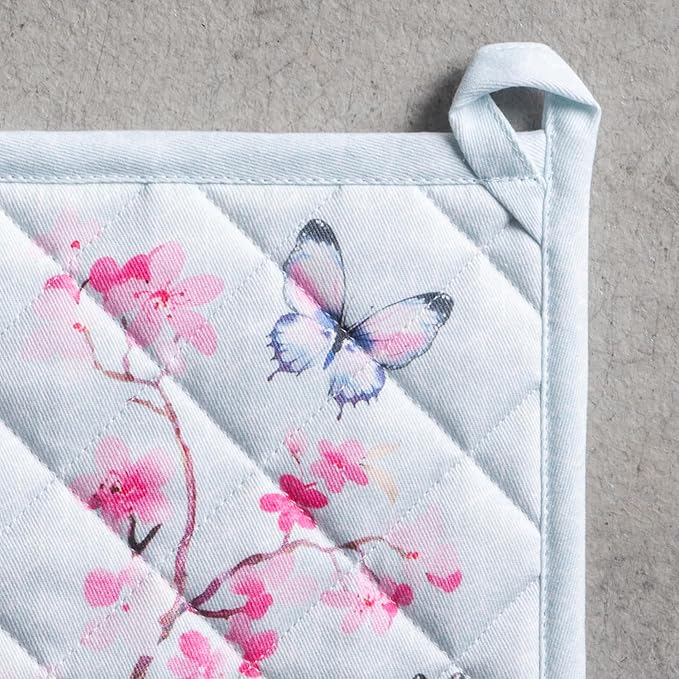 Maison d' Hermine Pot Holders 100% Cotton Heat Resistant Potholders 8" x 8" Hot Pads with Loop Cooking Baking Hotel Farmhouse Kitchen Handling Hot Pans Spring Summer (Pack of 2, Blossoms in Spring)