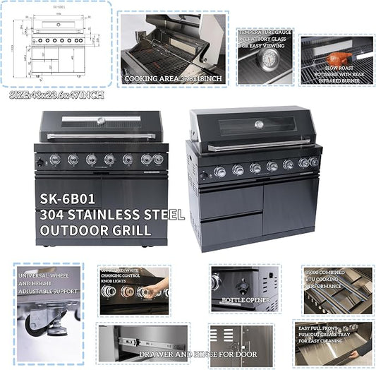 Modular 304 Stainless Steel Outdoor Kitchen Island Gas Grill,Six Burner 85000 BTU Barbecue Station with Refrigerator,Sink,Faucet,Rotisserie,Granite Countertop,Storage Drawers,Cabinets,Wheels (Black)