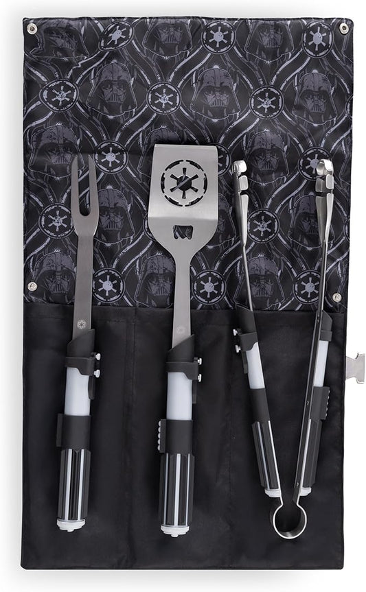 Picnic TIME Star Wars Darth Vader BBQ 3 Pcs Grill Tool Set with Case, Stainless Steel Barbecue Utensils, Saber Handle Tongs Fork Spatula with Bottle Opener, Portable Canvas Roll Up Case, (Black)