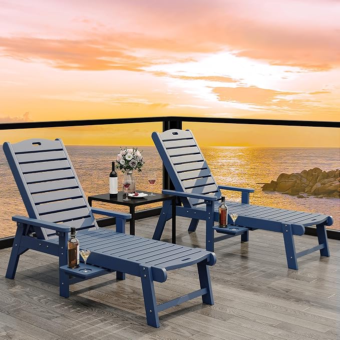 YITAHOME Outdoor Chaise Lounge Chair Set of 2 with Adjustable Backrest, Heavy Duty Resin Patio Lounger with Retractable Tray, 350lbs Capacity Waterproof for Outside Poolside Beach Backyard, Dark Blue