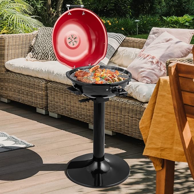 COSTWAY Electric BBQ Grill, Portable Grill with Metal Cooking Grilling Rack, Detachable Temperature Control & Removable Grease Collector, Outdoor Freestanding Grill for Camping &Tailgating (Red)
