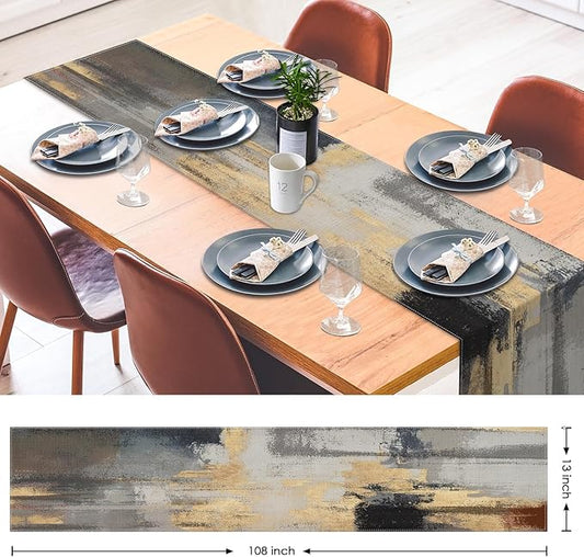 Emvency Modern Abstract Table Runner, Gold Foil Grey Textured Artistic for Kitchen Coffee Table Family Dinners Holiday Parties Wedding Events Decor(13x72 inch)