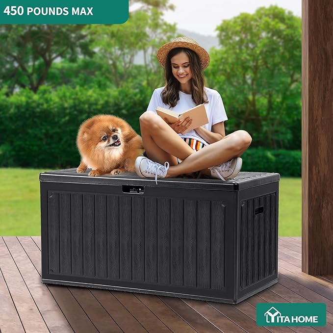 YITAHOME 90 Gallon Large Deck Box, Double-Wall Resin Outdoor Storage Boxes, Deck Storage for Patio Furniture, Cushions, Pool Float, Garden Tools, Lockable & Waterproof (Black)