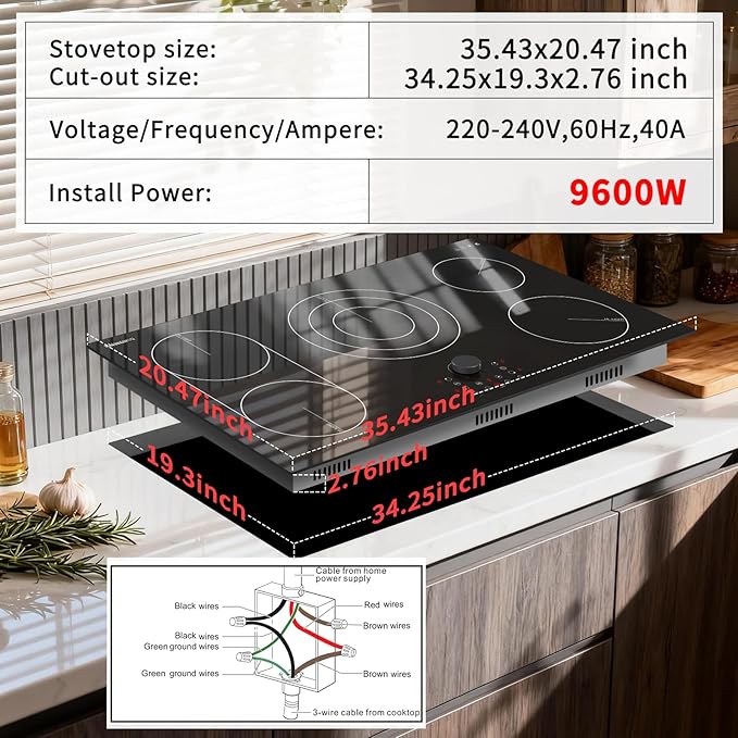 Karinear 36 Inch Electric Cooktop with Magnetic Knob, Bridge BBQ, 5 Burner Radiant Stove Top, 9600W 240V Built-in Hob, 9 Heat Levels, 99-Min Timer, Child Lock, Pause