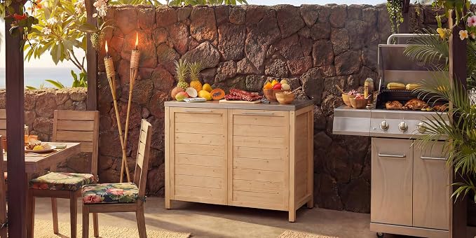MOUMON Patio Kitchen Storage Cabinet with Stainless Steel Countertop, Solid Cedar Patio Prep Table for Grilling, Outdoor Cooking Station, Oak 51.2”W x 23.6”D x 37.4”H