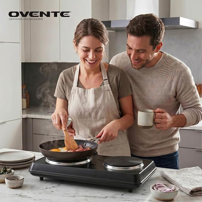 OVENTE Electric Cast Iron Double Burner, 1700W Hot Plate, Black BGS102B | 7.25" & 6.10" Portable Countertop Cooktop, Metal Housing, 5 Level Temperature Control, Indicator Light, Easy-to-Clean