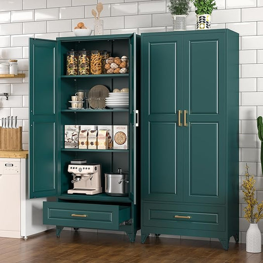 Polup Metal Storage Cabinet,75" Tall Kitchen Pantry Storage Cabinet with Doors and Adjustable Shelves, Green Metal Pantry Cabinets with Drawer, Large Cupboard for Kitchen, Dining Living Room