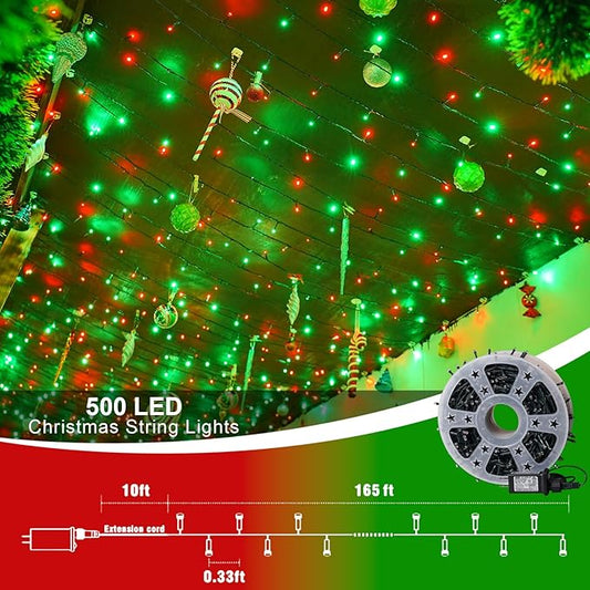 QITONG 500LED Red and Green String Lights, 165ft Christmas Lights Outdoor Waterproof with Plug in, Green Wire Twinkle Tree Lights Indoor with 8 Modes