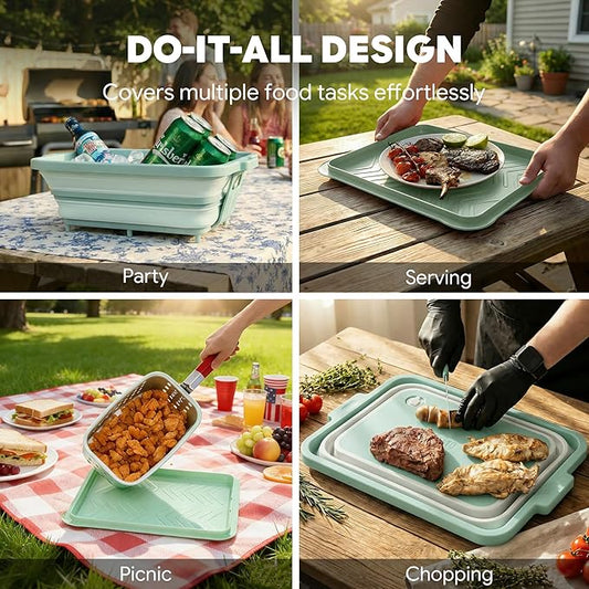 Feasto Collapsible BBQ Prep Tubs with Cutting Board, 9-IN-1, 2 Tubs Portable Grill Prep Station with Side Brackets, Lids, Knives, Meat Claws and Drain Rack, Space-Saving for Kitchen & Camping, Green