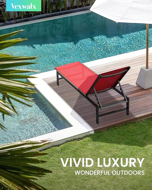 Vexwalx Outdoor Lounge Chairs Set of 2, Aluminum Patio Chaise Lounge Chairs with 5-Position Recliner, Pool Lounge Chairs for Backyard, Poolside, Deck, Lawn (Red)