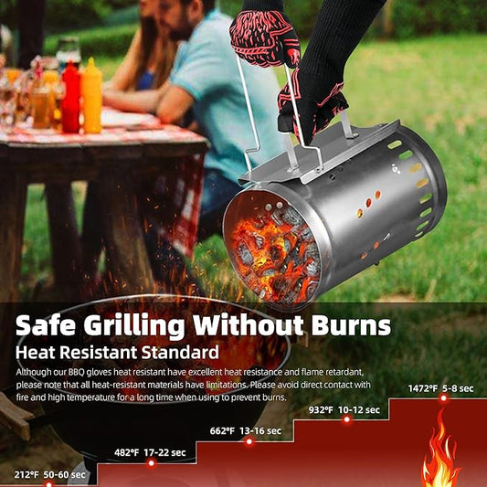 BBQ Gloves, 1472°F Heat-Resistant and Anti Slip Long Grilling Gloves, One Size Fits All, Gift Two Hooks, Excellent Hand and Wrist Protection in The Kitchen/Fireplace/Griddle/Smoker/Fire Pit