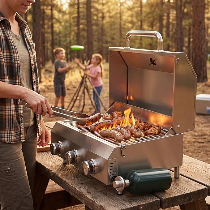 Bestfire 3-Burner Tabletop Gas Grill, Dual Connections, 30,000 BTU Portable Propane Grill, Stainless Steel Knobs/Grates, Compact & Detachable Legs for Camping, RV, BBQ