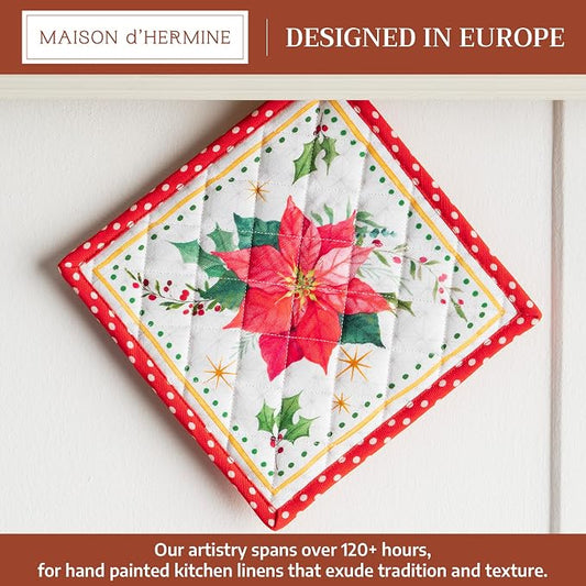 Maison d' Hermine Pot Holders 100% Cotton Potholders (8" x 8", Pack of 1) | Heat Resistant Hot Pads with Loop BBQ Cooking Baking Kitchen Handling Hot Pans Thanksgiving Christmas - Poinsettia Christmas
