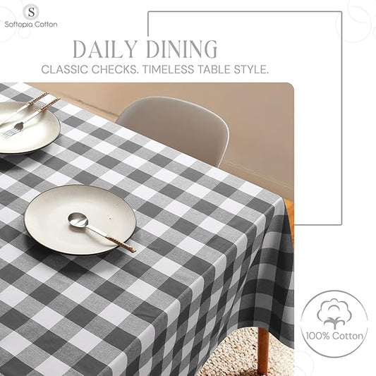 Buffalo Plaid Check 52"x70" Tablecloth 100% Cotton Washable Rustic Rectangle Table Cover Decorative for Gifts, Dining, BBQ, Buffet Parties & Camping - Grey