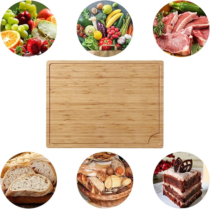 24 x 18 Bamboo Cutting Board, Large Kitchen Chopping Board for Meat, Butcher Block Cutting Board, Carving Board with Handle and Juice Groove for Turkey, Meat, Vegetables, BBQ