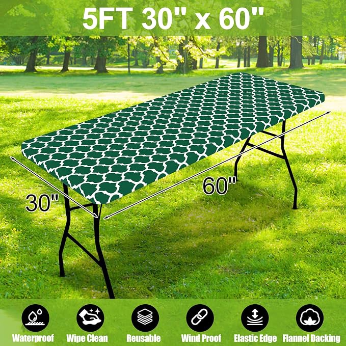 Smiry Picnic Fitted Table Cover, 5 Foot Flannel Backed Vinyl Tablecloth | Waterproof Elastic Stretch Table Cloth, Wipeable Plastic Tablecloth for Camping, Indoor & Outdoor (Emerald Green, 30" x 60")