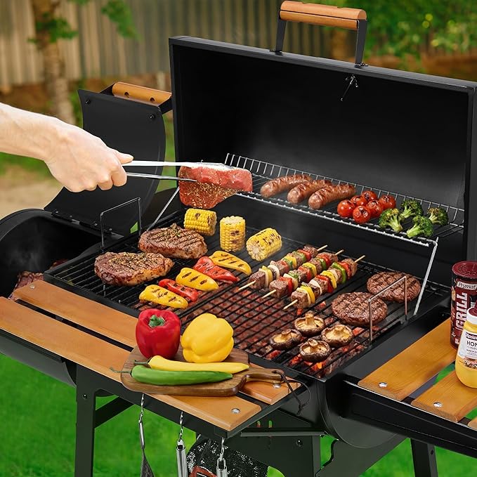 Barrel Charcoal Grill with Offset Smoker, 824 Sq. In. Cooking Area, Wooden Front Shelf, Bottom Shelf, Blow-Molded Wheels, Outdoor Charcoal Grill for Backyard Cooking, Black,CC1831W