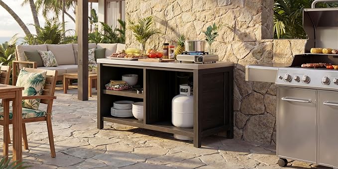 MOUMON Patio Grill Prep Table with Propane Tank Storage, Solid Cedar Patio Cabinet with Stainless Steel Top, Outdoor Cooking Station, Propane not Included, Dark Grey 51.2”W x 23.6”D x 27.6”H