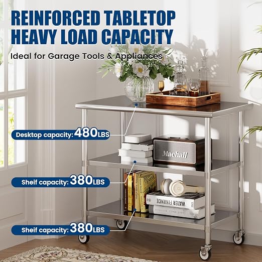 Stainless Steel Work Table with Wheels, 24x48 Inch NSF Kitchen Prep Table with 2 Adjustable Undershelves for Commercial Restaurant, Garage, Outdoor BBQ