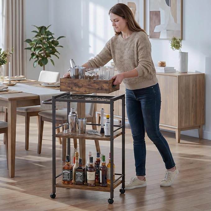 3-Tier Rolling Bar Cart with Removable Tray for Home Kitchen | Rolling Wheels with Handle, 3-Tier Storage, Removable Serving Tray, Sturdy Frame, Multi-Purpose for Kitchen & Bar Use