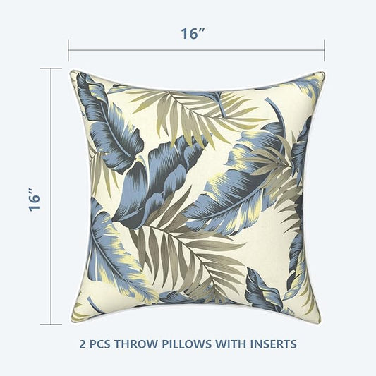 LVTXIII Outdoor/Indoor Throw Pillows, Decorative Patio Accent Pillows, Fluffy Water Repellent Garden Cushions for Home Patio Coach Sofa Use, 16×16 Inch, Pack of 2, Lush Palm Blue