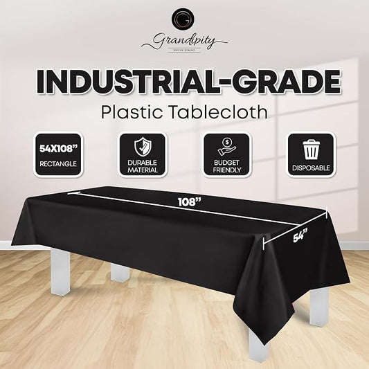 Grandipity 12 Pack Premium Disposable Plastic Tablecloth 54 Inch. x 108 Inch. Decorative Rectangle Table Cover - Black