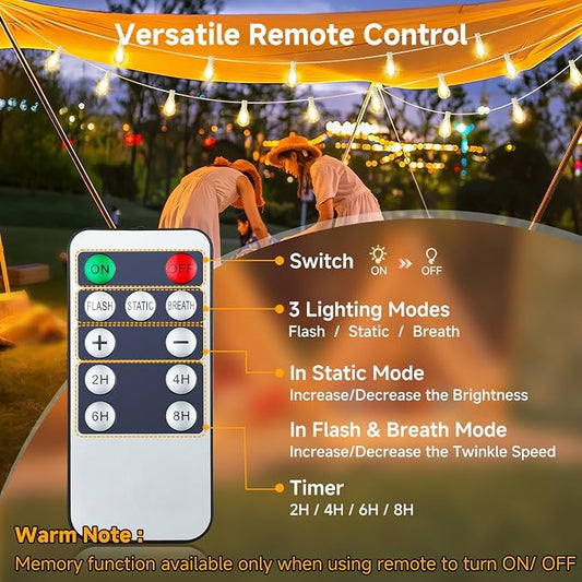 50FT(2x25FT) Solar String Lights with Remote, Outdoor Patio Lights | 3 Lighting Mode, Waterproof, Dimmable Bistro Lights String, with 20+2 Shatterproof S11 LED Bulbs, White Wire, for Backyard