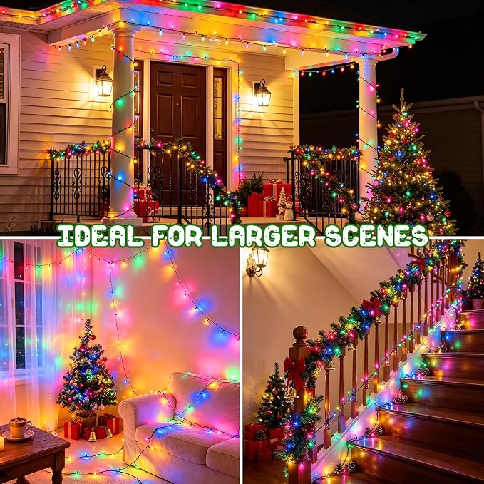 Christmas Lights Indoor Battery Operated String Lights Total 100LED 33Ft with Timer 8 Modes 16.4Ft*2 Waterproof Outdoor Indoor for Christmas Decor, Multicolor, 2-Pack