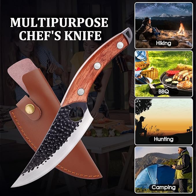 Chef Knife, Boning Knife for Meat Cutting, Viking knife with sheath,Hand Forged Japanese Knife,Kitchen Knives For Home, Outdoor Cooking, Camping BBQ (Yellow)
