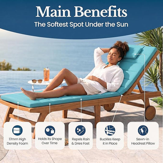 Quilted Chaise Lounge Outdoor Patio Furniture Cushions | Water-Resistant Patio Chair Cushions | Durable, High-Density Foam Outdoor Chair Cushions - Teal, 72"x21" (Chair Not Included)