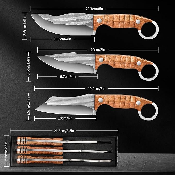 Plys 3-Piece Fixed Blade Hunting Knife Set, 420J2 Stainless Steel Full Tang Survival Knives, Rosewood Non-Slip Handle, Outdoor Camping Hiking Kitchen Knife Not Sheath