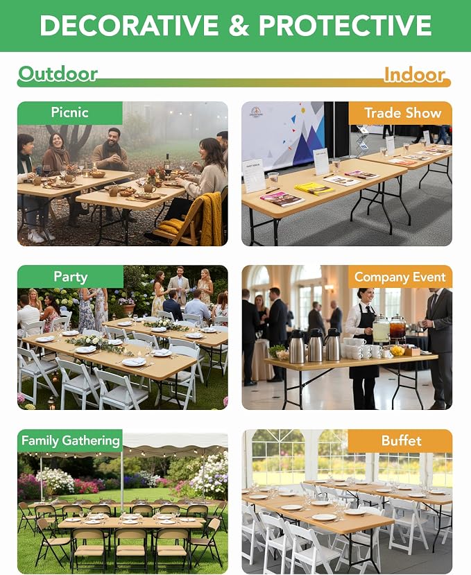 Fitted Tablecloth Rectangle Table Cloths with Elastic, 6 ft, Gold, 6 Pack | For Outdoor Picnic Camping Party 6 foot Folding Spandex Table Covers, Water-Resistant, Windproof, Reusable, 72"L x 30"W