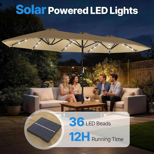 Suteck 15FT Patio Umbrella with Base & Solar Lights, Khaki | Double-Sided, Crank Handle, UV & Fade Resistant Canopy, Poolside, Backyard, Deck, Market