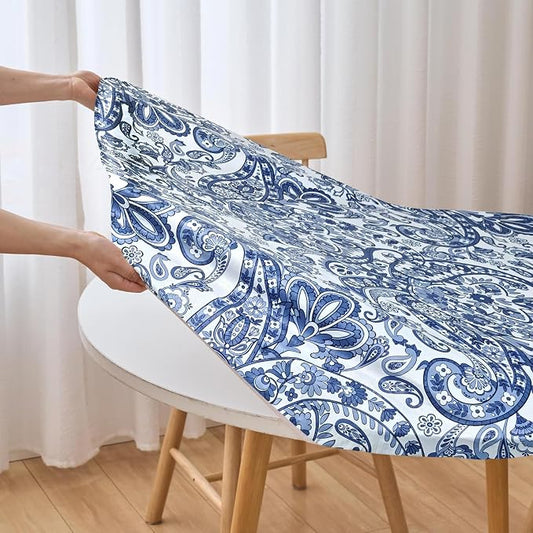 LIBERECOO Luxury Paisley Round Vinyl Tablecloth with Flannel Backing - Waterproof, Oilproof, Wipeable Dining Table Cover for Indoor/Outdoor Use