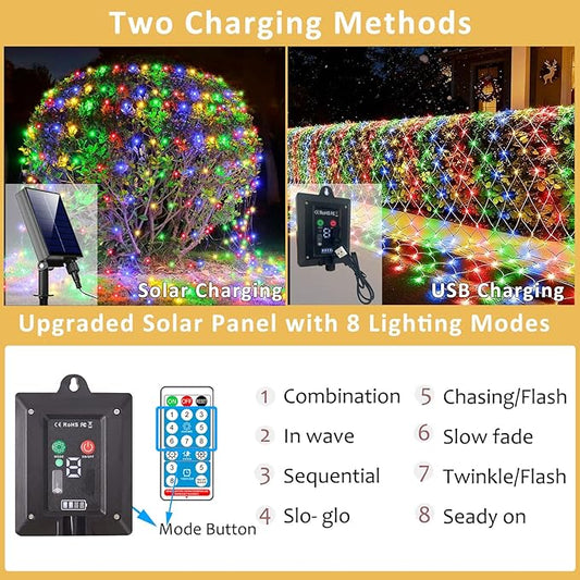 Lovelite 11.5ft x 5ft Solar Net Lights Outdoor, 240LED Christmas Mesh Lights Solar & USB Powered, Waterproof String Lights 8 Modes Green Wire for Bushes Patio Garden Holiday Party Decor (Multicolor)
