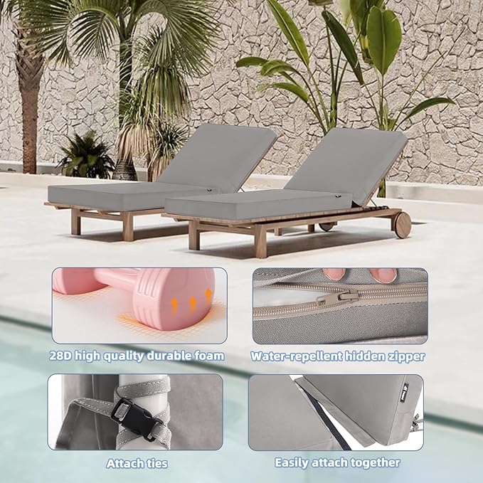 Favoyard Chaise Lounge Cushions Outdoor 72 x 21 x3 Inch Waterproof & 3-Year Fade Resistant Outdoor Lounge Chair Cushions with Removable Cover, Ties and Hidden Zipper for Patio Pool Lounge Chairs