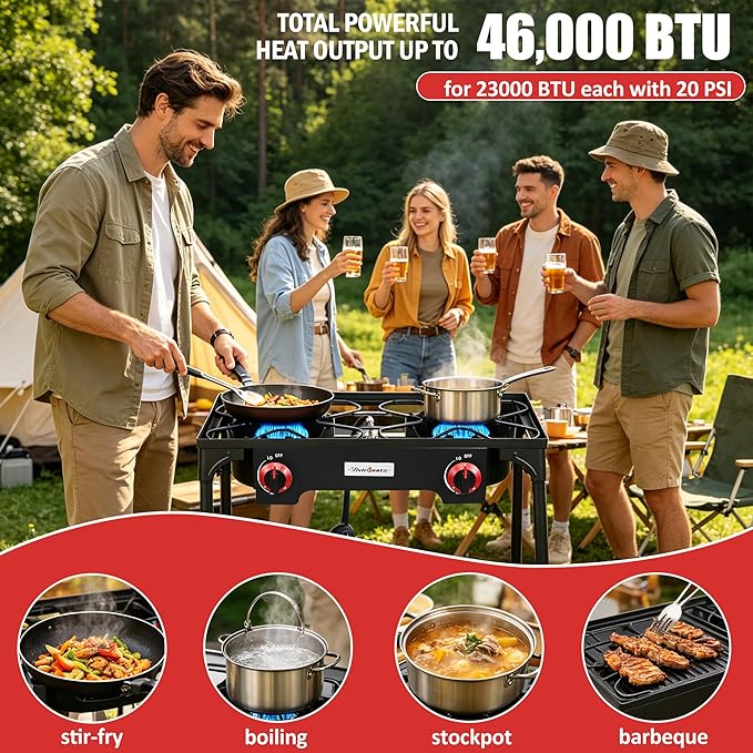 VIVICREATE Propane Grill 2 Burner Outdoor Propane Stove Portable Gas Grill High Pressure Camping Stove Double Burner Cooker for Camping Backyard BBQ Outdoor Cooking