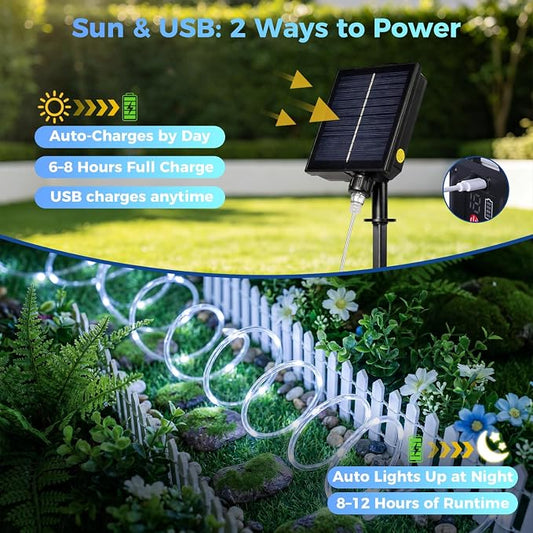 Connectable Solar Rope Lights Outdoor, 66FT 200 LEDs Solar String Lights, IP65 Waterproof 19 Modes Remote Tube Light for Outdoor Indoor Patio Backyards Garden Porch Pool Tree Decor, Cool White