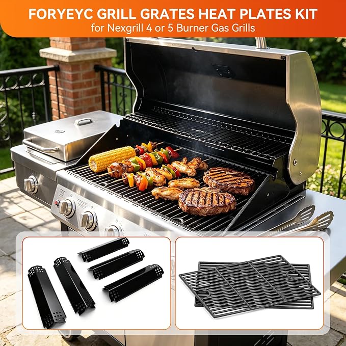 Grill Parts for Home Depot Nexgrill 4 Burner 720-0830H, 5 Burner 720-0888N, 720-0888 Gas Grill Models, Porcelain Steel Heat Plate Flame Tamer + 13 x 17 Cast Iron Grill Grates