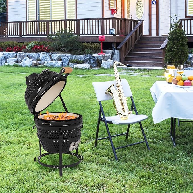Kamado Egg Grill with Built-in Thermometer, Cast Iron Grates, Bamboo Handle, Portable Ceramic Grill for Backyard, Patio, Deck, Black